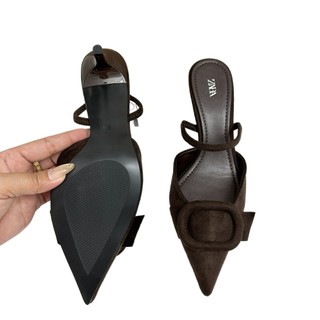 ZA2025 Mùa Xuân Vuông Khóa Giày Nữ Baotou Slingback Dép Nâu Mũi Nhọn Giày Cao Gót Mules QMEL