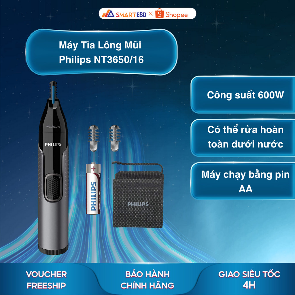 Máy Tỉa Lông Mũi Philips NT3650/16 - Thiết Kế Hiện Đại, Sang Trọng - Bảo hành chính hãng 24 Tháng