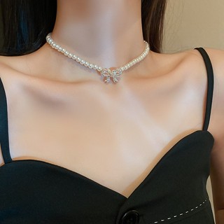 Vòng cổ nơ kim cương và ngọc trai phong cách Hàn Quốc, dây chuyền xương đòn cao cấp nữ