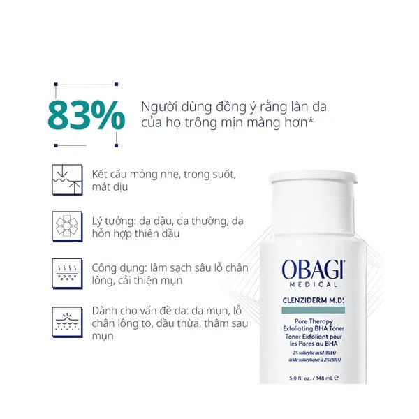 [HÀNG CÔNG TY ] Dung Dịch  BHA Obagi Clenziderm MD Pore Therapy 148ml | Tẩy Da Chết, Giảm Mụn