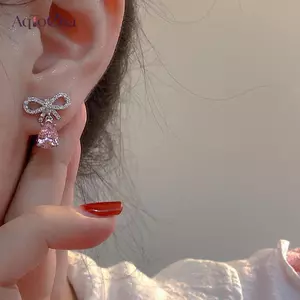 AqToCna 1 / 2 Cặp Sáng Hồng Zircon Giọt Nước Nơ Bông Tai Trái Tim Lãng Mạn Bông Tai Pha Lê Hồng Tinh Tế Trang Sức Nữ Quà Tặng Thanh Lịch Cho Nữ Cô Gái AqToCna
