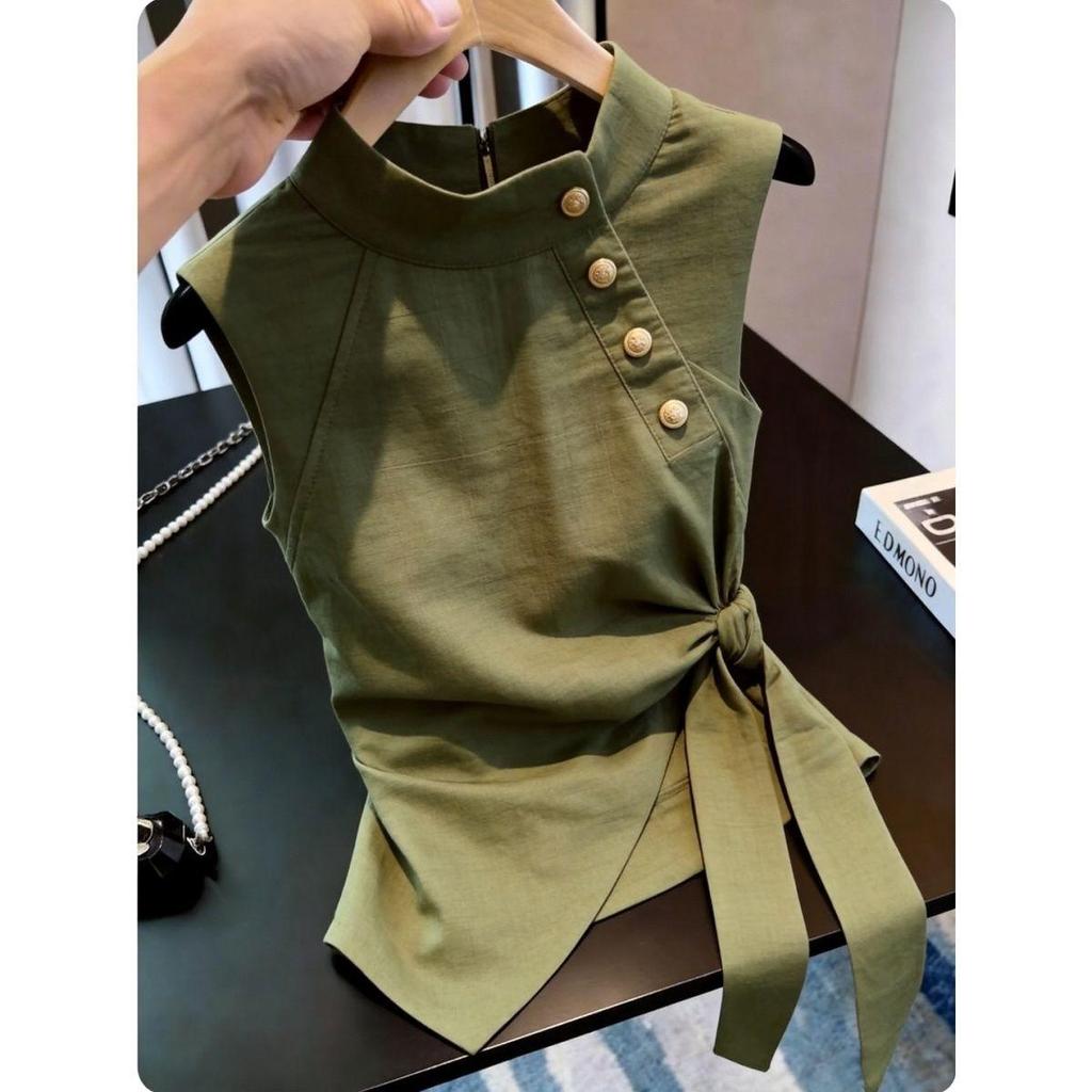 [Hàng mới về] Mùa hè Phong cách mới Thiết kế kiểu Pháp Áo không tay nữ quân đội màu xanh lá cây cổ đứng Niche Áo sơ mi cao cấp