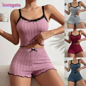 BORAGETE 2 chiếc Quần short viền rau diếp, Bộ đồ ngủ dệt kim có gân mềm mại dễ thương dành cho nữ, Bộ đồ ngủ viền ren mùa hè
