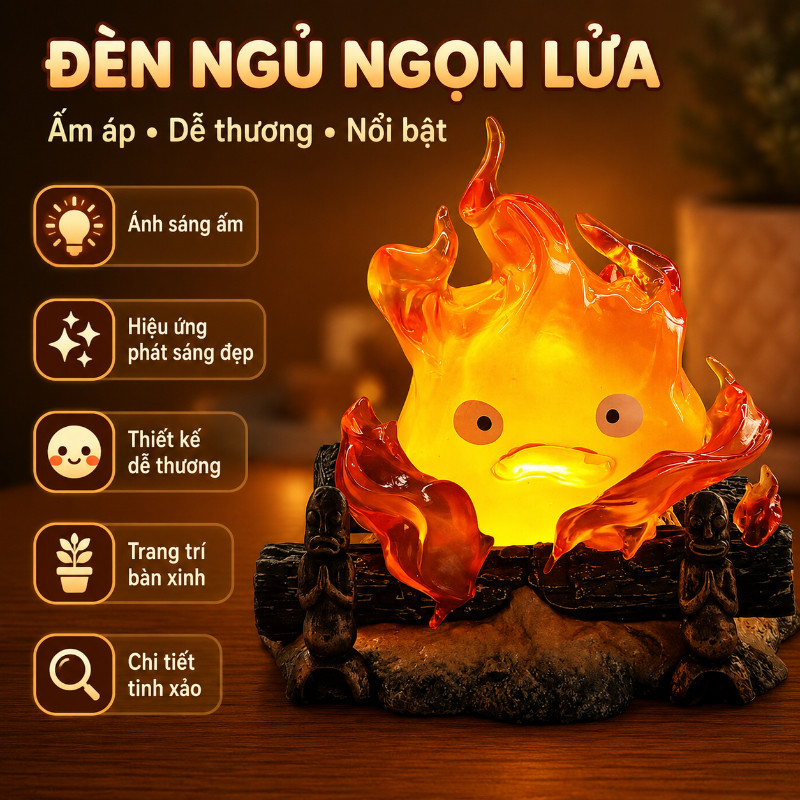 【SKISOPGO】Mô hình kèm đèn ngủ Calcifer 13cm có đèn LED cực đẹp,Tượng Nhựa Resin Trang Trí,Mô hình ngọn lửa Ghibli