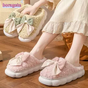Giày Lông Tơ Ấm Áp BORAGETE, Dép Nơ Cotton Chống Trơn Trượt Đáy Dày, Giày Nữ Thoải Mái Mềm Mại Phong Cách Ngọt Ngào