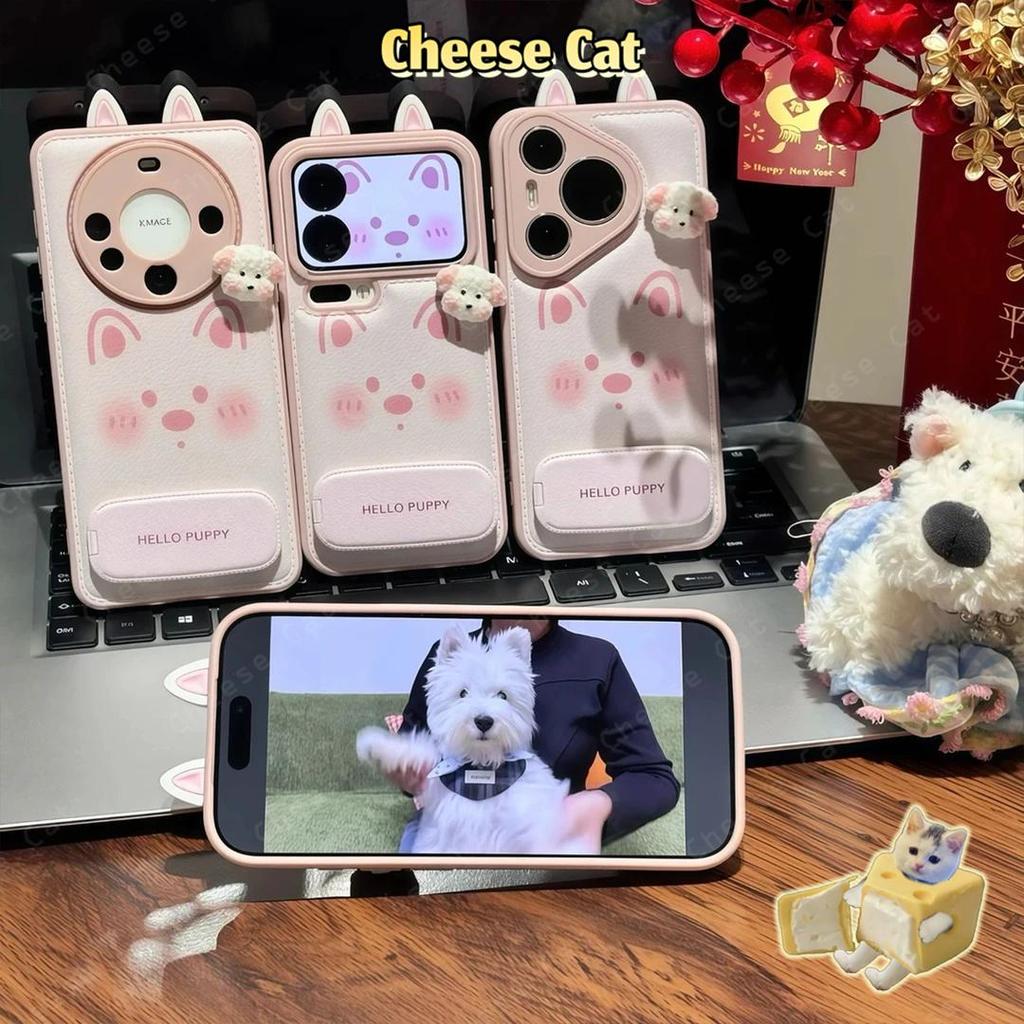 Gương Đứng Dễ Thương Tai Cún Con Màu Hồng Da Ốp Lưng Điện Thoại iPhone 17 11 12 13 14 15 Plus Xs Max XR 7Plus 16 Pro Max