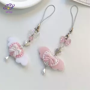 HFTOY Dễ Thương Ngọt Ngào Đôi Cánh Thiên Thần Nơ Dây Đeo Điện Thoại Dây Móc Khóa Mặt Dây Xích Điện Thoại Chống Mất Túi Đồ Trang Trí Điện Thoại Nữ Tính Quà Tặng Quyến Rũ ~