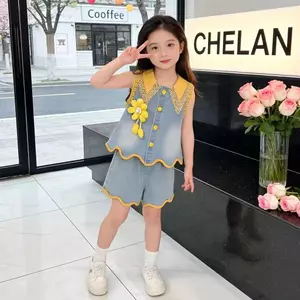 Bộ đồ Denim mùa hè phong cách mới (90-140) Phiên bản Hàn Quốc Áo Vest không tay thời trang + Quần short