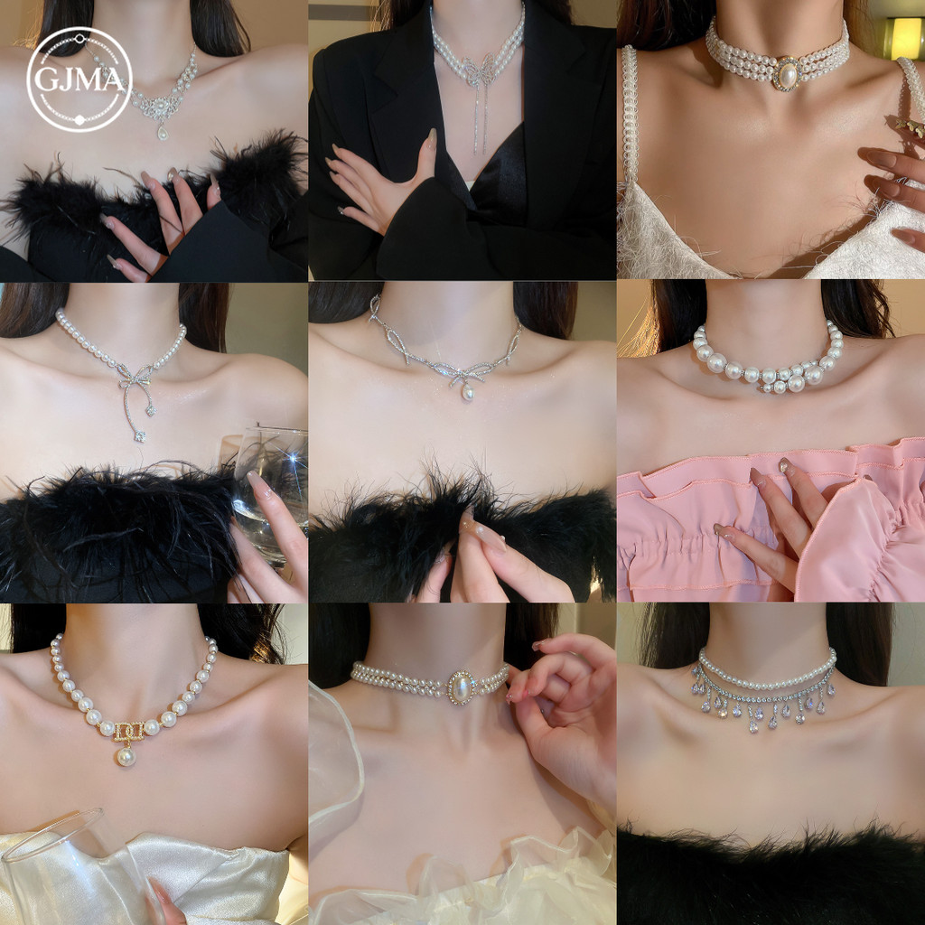 Vòng cổ ngọc trai tráng kim cương sang trọng của Pháp, phụ kiện dây chuyền xương đòn cổ điển thời trang dành cho nữ