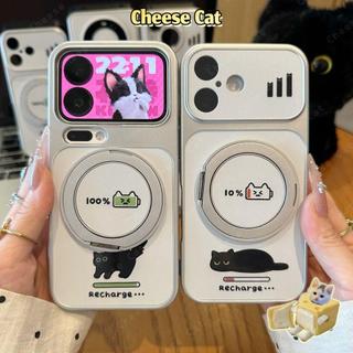 Cho iPhone 17 Pro Ốp điện thoại da mèo đen dễ thương có chân đế kim loại xoay cho iPhone 15 14 13 16 12 11 Pro Max Xs XR