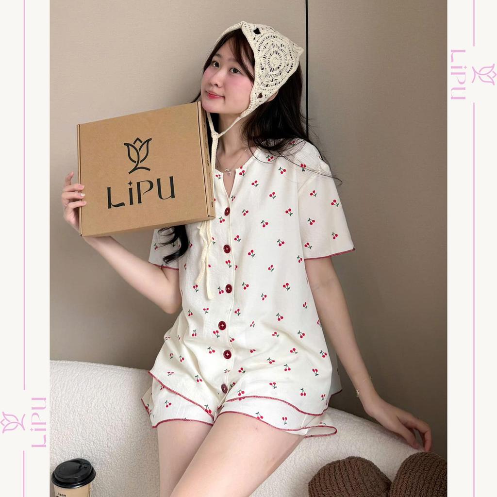 Set Pyjama Cộc Cổ V Hoạ Tiết Cherry Phối Viền S02 LIPU