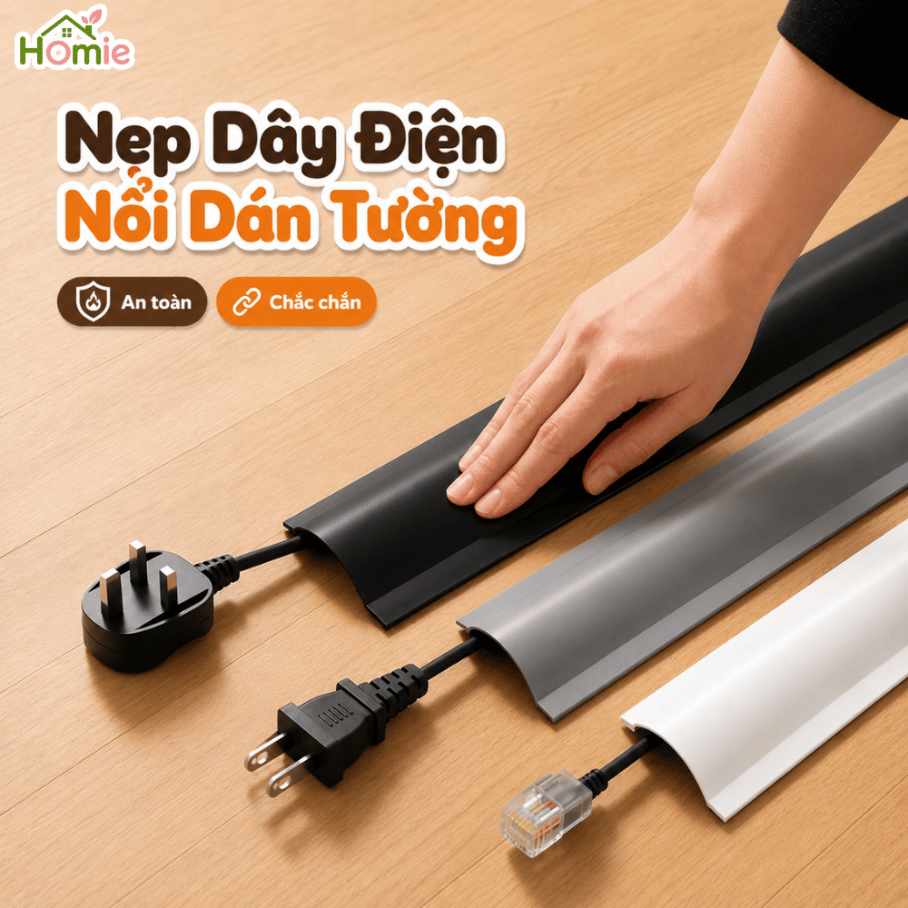 Nẹp Dây Điện Nổi Dán Tường Dày Dặn Bán Nguyệt HOMIE, Vỏ Bọc Dây Cáp Chống Giật Điện, Chống Cháy, Bảo Vệ Dây Điện