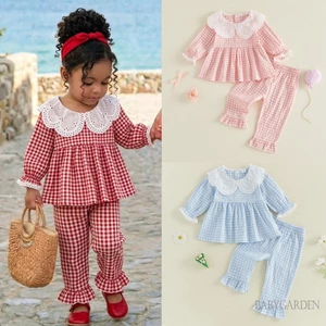 6M-4Y Bé Gái Mùa Thu Trang Phục Cổ Búp Bê Kẻ Sọc Cổ Áo Dài Tay Với Xù Viền Quần 2 Chiếc Bộ