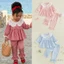 6M-4Y Bé Gái Mùa Thu Trang Phục Cổ Búp Bê Kẻ Sọc Cổ Áo Dài Tay Với Xù Viền Quần 2 Chiếc Bộ