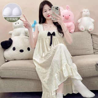 Đầm ngủ cotton kiểu mới mùa hè có đệm ngực, phong cách ngọt ngào, dáng rộng dành cho nữ