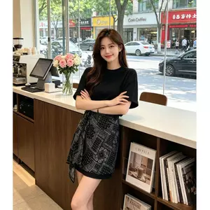 Đầm thun hai mảnh giả cổ điển mùa hè có dây buộc Rèm Fart lệch không đều eo hẹp giữa @ -