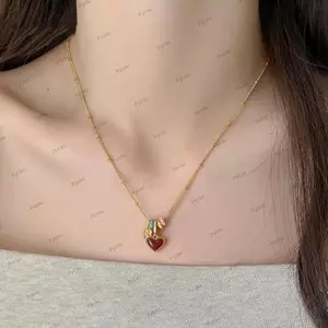 Vòng cổ mặt dây chuyền trái tim PYCOU, Vòng cổ hai mặt trái tim tinh tế, Dầu nhỏ giọt màu đỏ Màu vàng Vòng cổ trái tim đỏ Trang sức