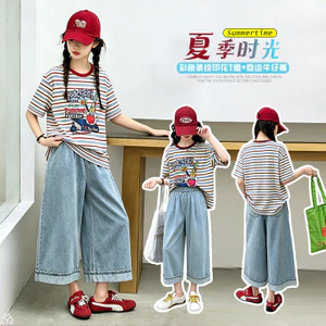 Bé Gái Retro Sọc In Hình Áo Thun Ngắn Tay Mùa Hè Phong Cách Mới Trẻ Em Áo Thường Ngày