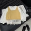 ✿ Bé Gái Hàn Quốc Pointelle Đan Cami Top Cổ Chữ U Dây Đeo Rộng Không Tay Trẻ Em Xuân Thu Lớp Áo Vest