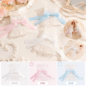 NKSFX Nơ Ren Tay Áo, Vòng Cổ Tay Xếp Ly Xếp Ly Có Thể Tháo Rời Còng, Găng Tay Không Ngón Ren Y2K Đa Năng Tiệc Cosplay