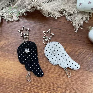 CATMALLER88 Móc khóa cánh thiên thần vintage, đính đá rhinestone họa tiết chấm bi, chất liệu vải, phụ kiện quà tặng