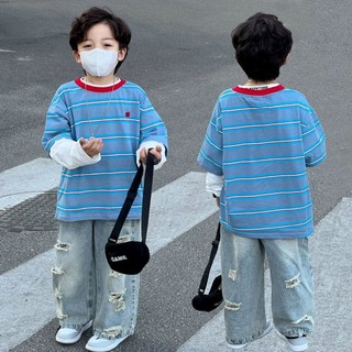 Áo thun sọc trẻ em 2025 Áo thun hai mảnh giả sọc Cotton