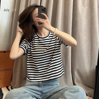 JULYHOT Áo Croptop Nữ Mùa Hè, Tay Ngắn Cổ Tròn Sọc Phản Quang Thời Trang