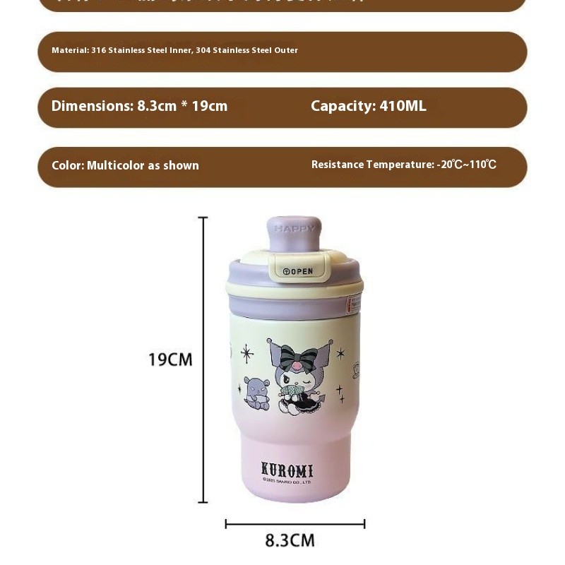 410ml Kawaii Sanrios Thermos Cup Hello Kitty Kuromi Cinnamoroll Chai uống nước ống hút dung tích lớn