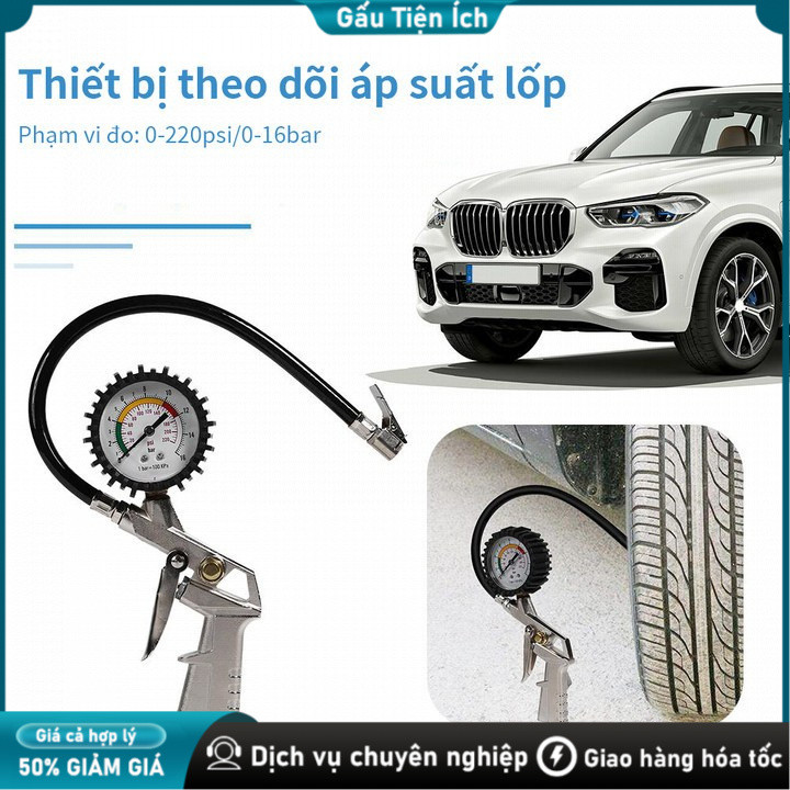 Đầu Vòi Bơm Ô Tô Xe Máy Đa Năng Có Đồng Hồ Đo Áp Suất Lốp, Chống Rò Rỉ, Kẹp Chắc Chắn