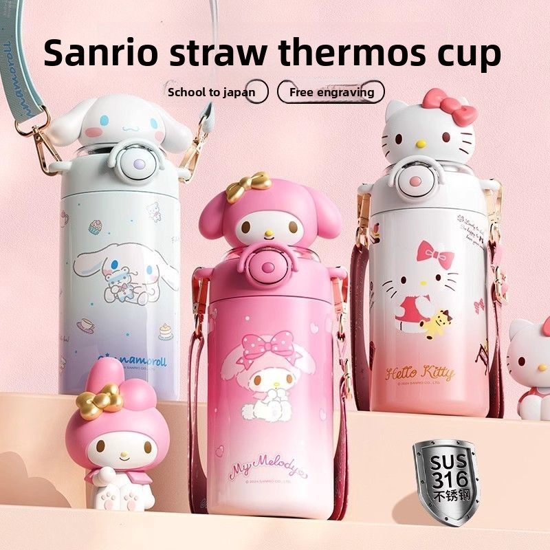 600ml Hoạt Hình Cách Nhiệt Chai Kuromi Pochacco Cinnamoroll Hello Kitty Di Động Ngoài Trời Nhựa Uống Trực Tiếp Có Ống Hút