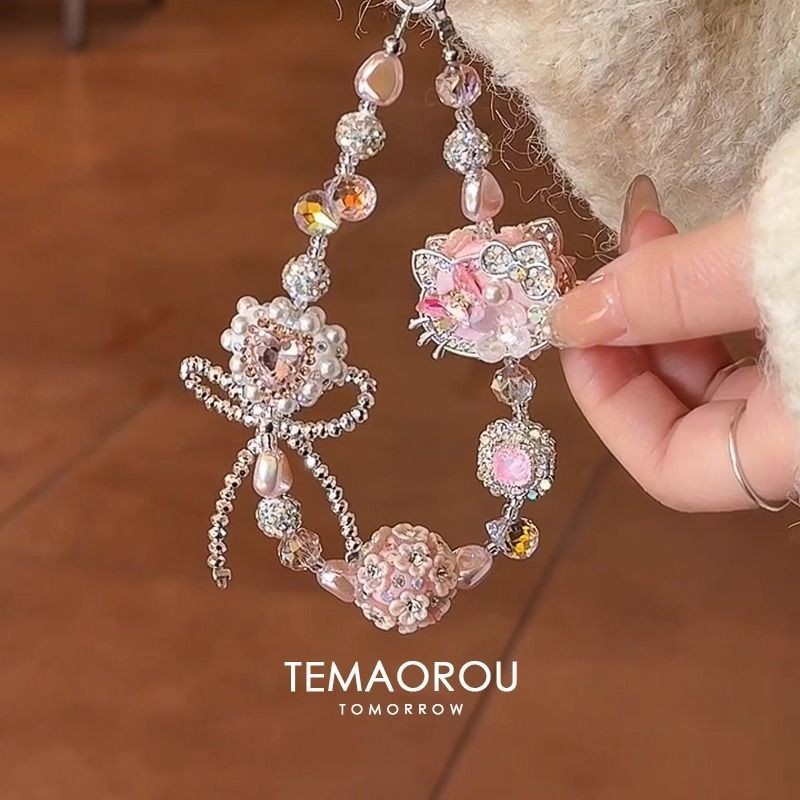 Nhấp Nháy Màu Ngọt Ngào KT Mèo Nơ Hoa Anh Đào Bóng Đính Hạt Dây Điện Thoại Di Động Có Thể Thiết Kế Dây Chuyền Điện Thoại Di Động 25.9.5
