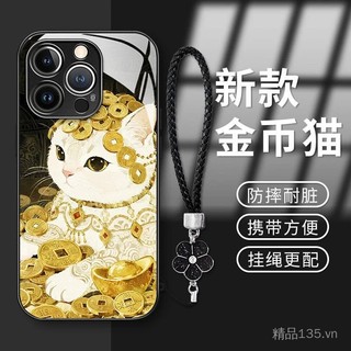 Mèo Đồng Xu Vàng Thích Hợp Cho iPhone 17 / 16 / 15 14 13 12 11 Vỏ Điện Thoại Thủy Tinh Sơn Kim Loại