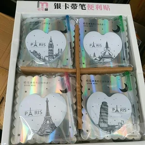Giấy ghi chú kèm bút Stick Note hoa văn Sakura/Trái Tim/Sao ấn tượng