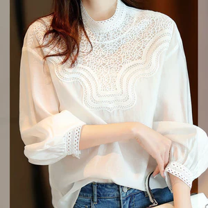 Cổ Đứng Rỗng Áo Sơ Mi Trắng Nữ Phong Cách Thanh Lịch Pháp