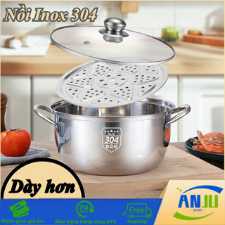 Nồi Inox 304 3 Lớp Đáy Dày - Thiết Kế Thân Lùn Tiện Dụng, Truyền Nhiệt Nhanh, Khuyến Mãi Kèm Vỉ Hấp