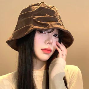 Corduroy Xếp Ly Nón Nữ Phong Cách Nhật Bản Retro, Kích thước Lớn Chu Vi Nhỏ