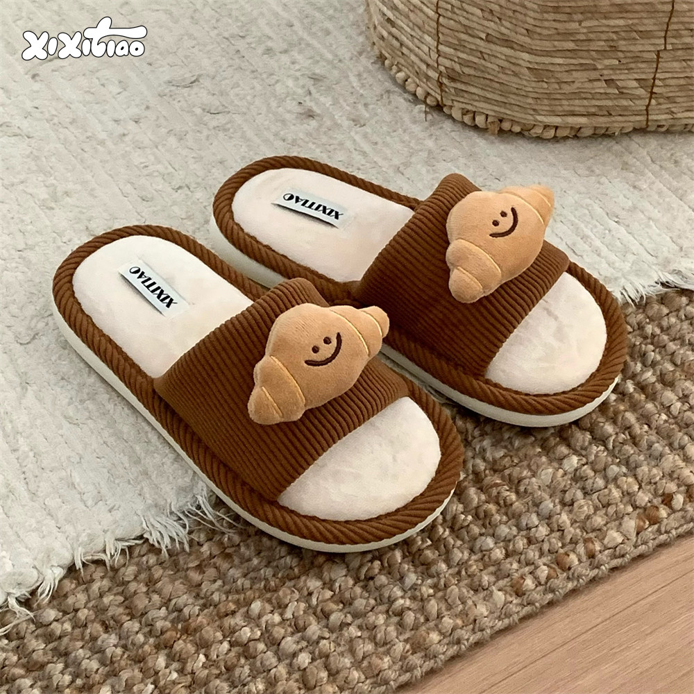 Ba Chiều Bánh Mì Croissant Cặp Đôi Dép Cotton Thời Trang Mùa Đông 2025 Vui Vẻ Dễ Thương Chống Trơn Trượt Dép Bốn Mùa Đa Năng Hộ Gia Đình Dép Im Lặng