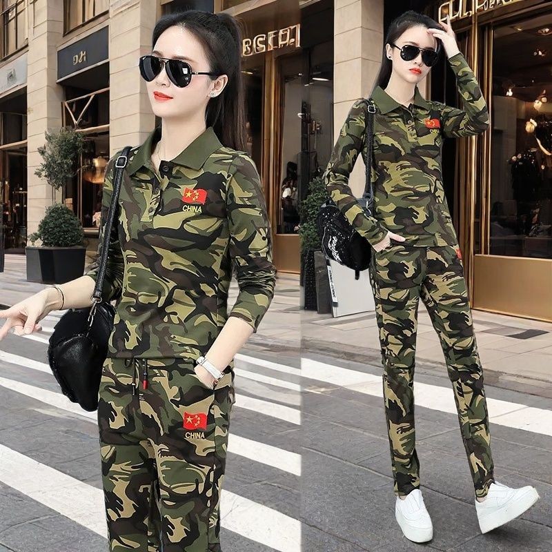 Bộ đồ ngụy trang Quần áo khiêu vũ thủy thủ + Quần dài tay giải trí ngoài trời Bộ đồ chạy bộ thể thao nữ