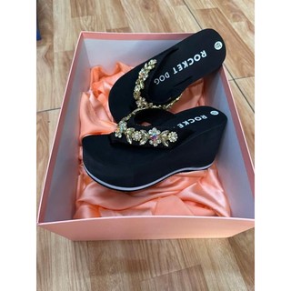 Dép kẹp lượn sóng quai dù đính đá hoa trà 5cm 7cm 9cm PP JJ KK UUGG00