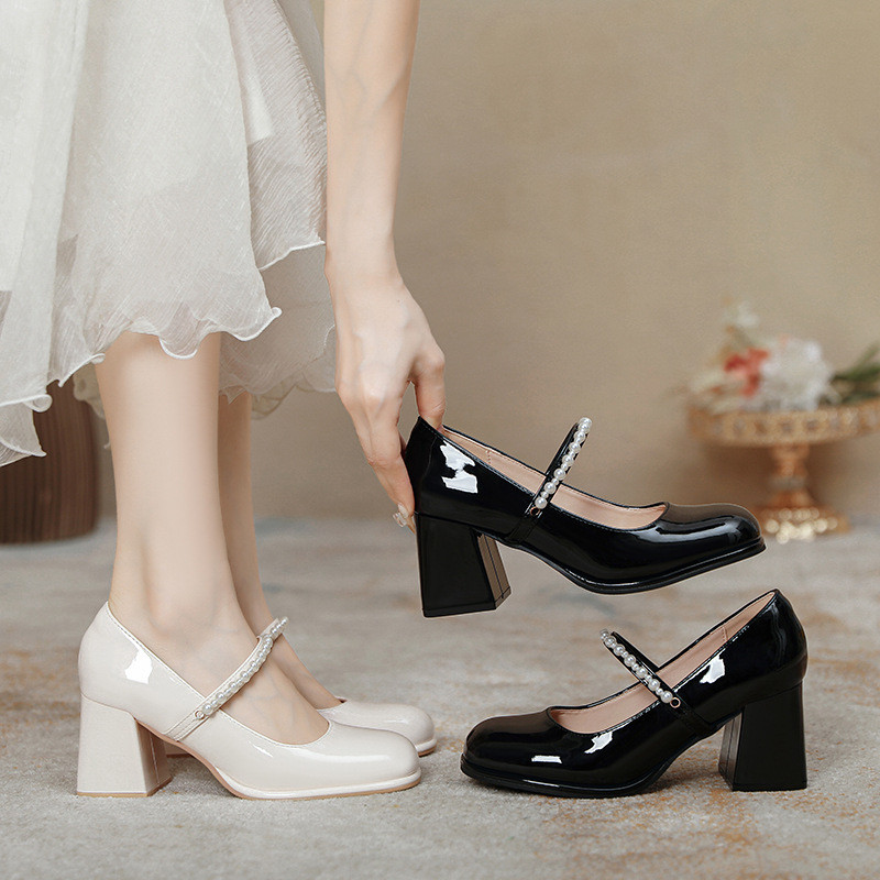 ((Size 34-45) Giày Mary Jane Pháp Size Nhỏ 34 Giày Đơn Nữ Gót Dày Ngọc Trai Kích Thước Lớn Béo Chân Rộng Giày Cao Gót Extra Fat Rộng Rộng Giày Nữ 45