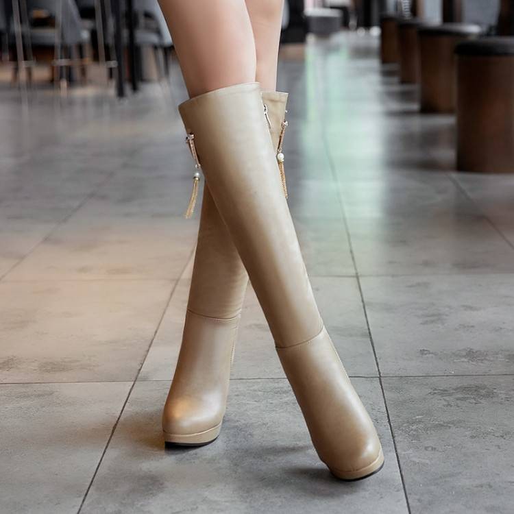 TMLH32-43 Kích Thước Lớn Kích Thước Nhỏ Ngón Chân Tròn Stiletto Cao Gót Thời Trang Phong Cách Đơn Giản Giày Bốt Dài Ngược Dây Kim Loại Hàng Ngày Tua Rua Bên Dây Kéo Giày Bốt