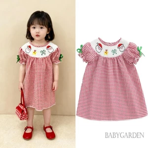 6M-4Y Bé Gái Giáng Sinh Một Dòng Đầm Kẻ Sọc In Ông Già Noel Thêu Cổ Tròn Tay Ngắn Đầm