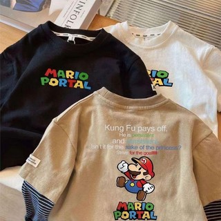Mùa Xuân Thu Bé Trai Cotton Nguyên Chất Hoạt Hình Dài Tay Giả Áo Thun Hai Mảnh Áo Sơ Mi Bé Trai Thường Ngày Phong Cách Phương Tây Phù Hợp Với Đáy