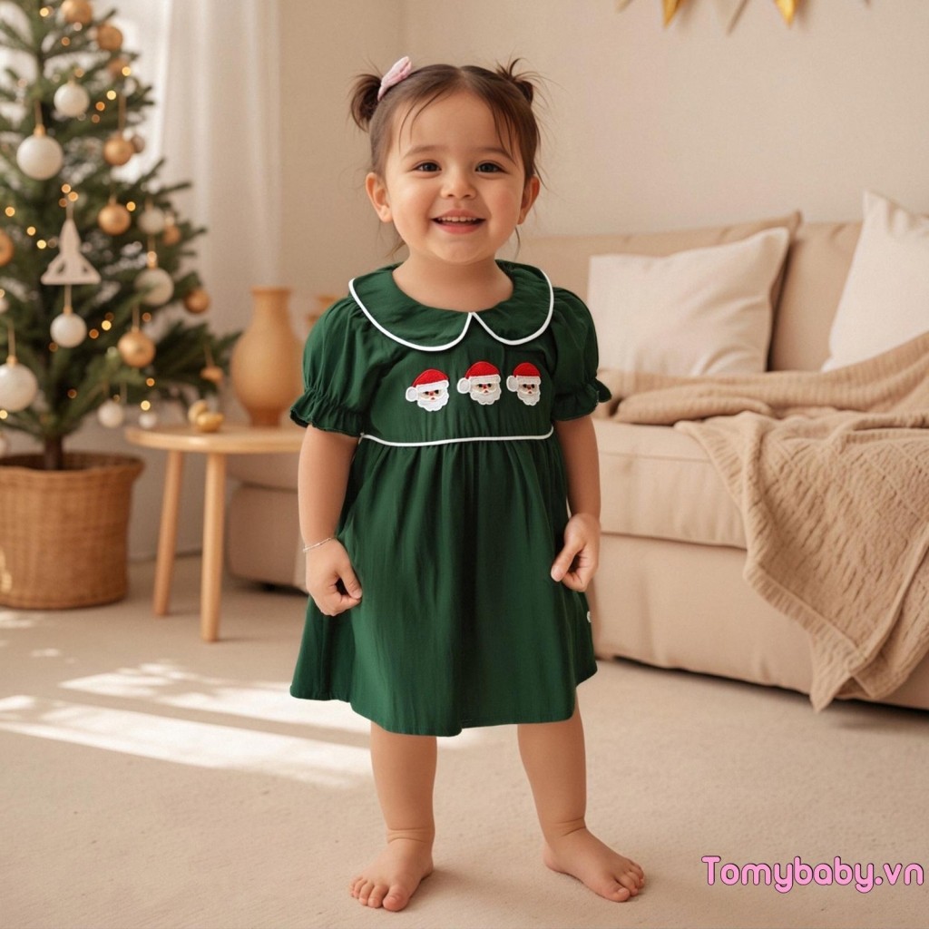 Váy Giáng Sinh Bé Gái Tay Ngắn Cổ Búp Bê Váy Thêu Ông Già Noel