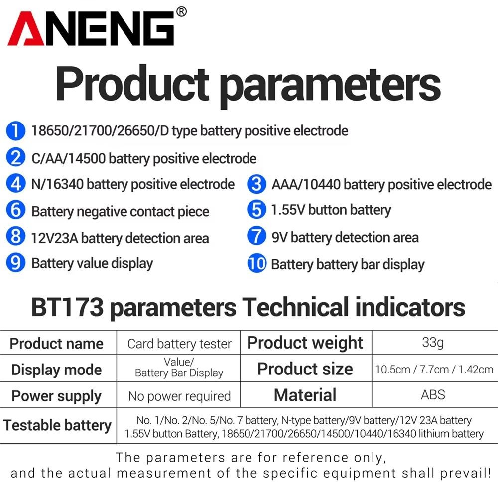 Máy dò pin SAIA, Máy kiểm tra pin kỹ thuật số thông minh có độ chính xác cao ANENG BT173 Máy kiểm tra sạc pin chuyên nghiệp di động đa năng cho nút di động C D AA AAA N 9V