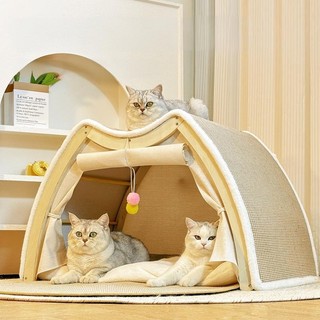 Nhà Mèo, 360° Giường bán kín ấm áp có bóng treo, khung gỗ nguyên khối & gai dầu chống trầy xước, lều nhà mèo có miếng chống trầy xước