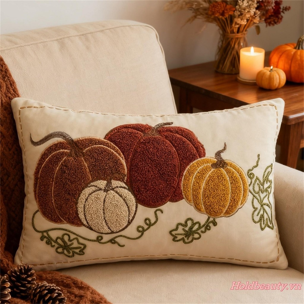 Gối Lễ Tạ Ơn Thêu Bí Ngô Ném Gối Trang Trí Nhà Cho Sofa Phòng Ngủ