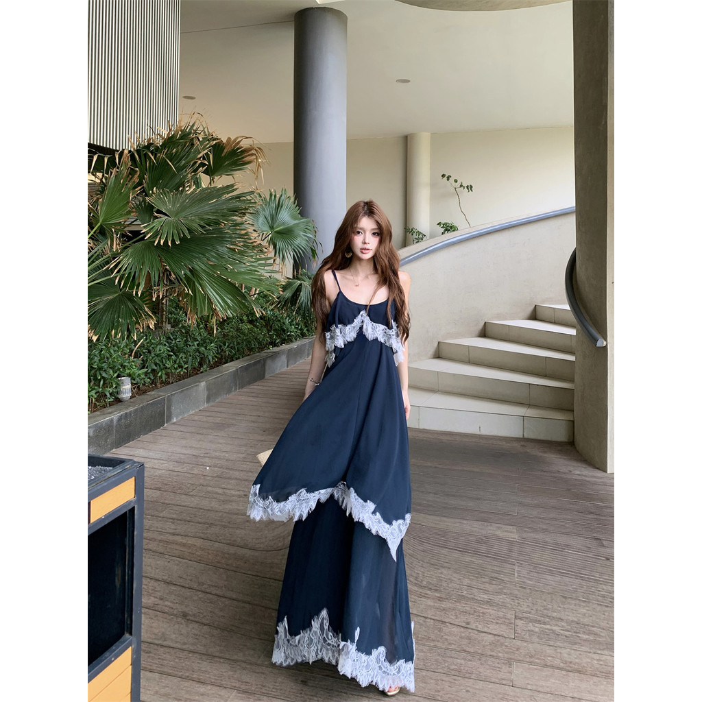 Đầm maxi viền ren cổ điển Pháp