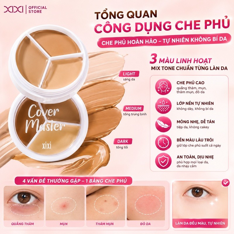 Xixi Bảng Che Khuyết Điểm 3 Ô Dạng Kem Che Mụn Che Thâm Quầng Mắt Tự Nhiên Lâu Trôi D457