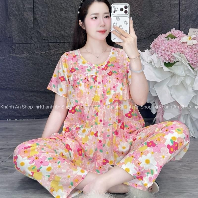 Tole I1 KA191-Fom Gọn Mặc Rộng Lên 1 size - Đồ Bộ Tole Lanh Nữ Áo Tay Ngắn Cổ Tròn Phối Viền Quần 8 Tấc Size 40-75kg E1